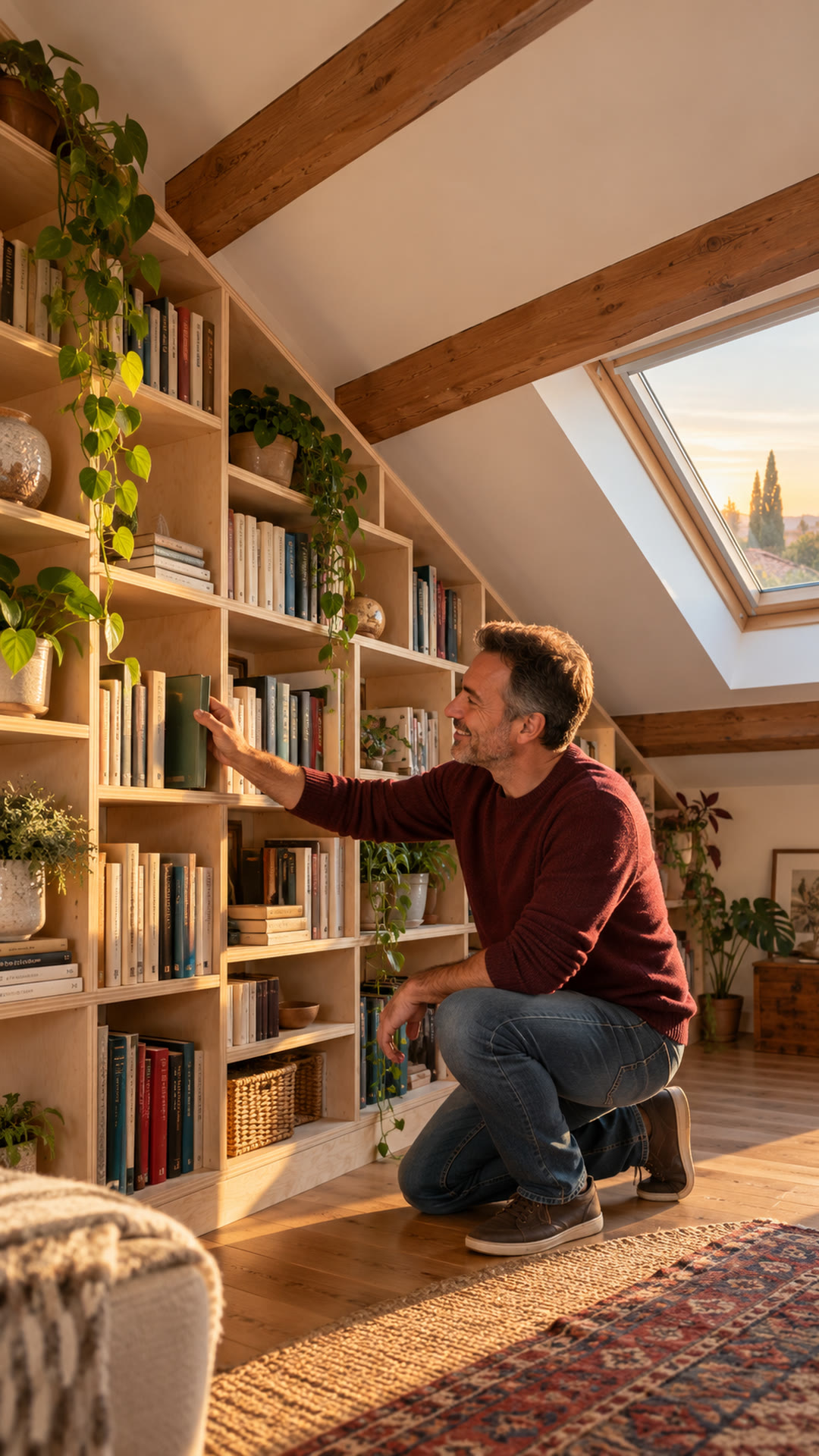 Un uomo di 50 anni mette l'ultimo libro nella libreria su misura costruita sotto la falda della mansarda