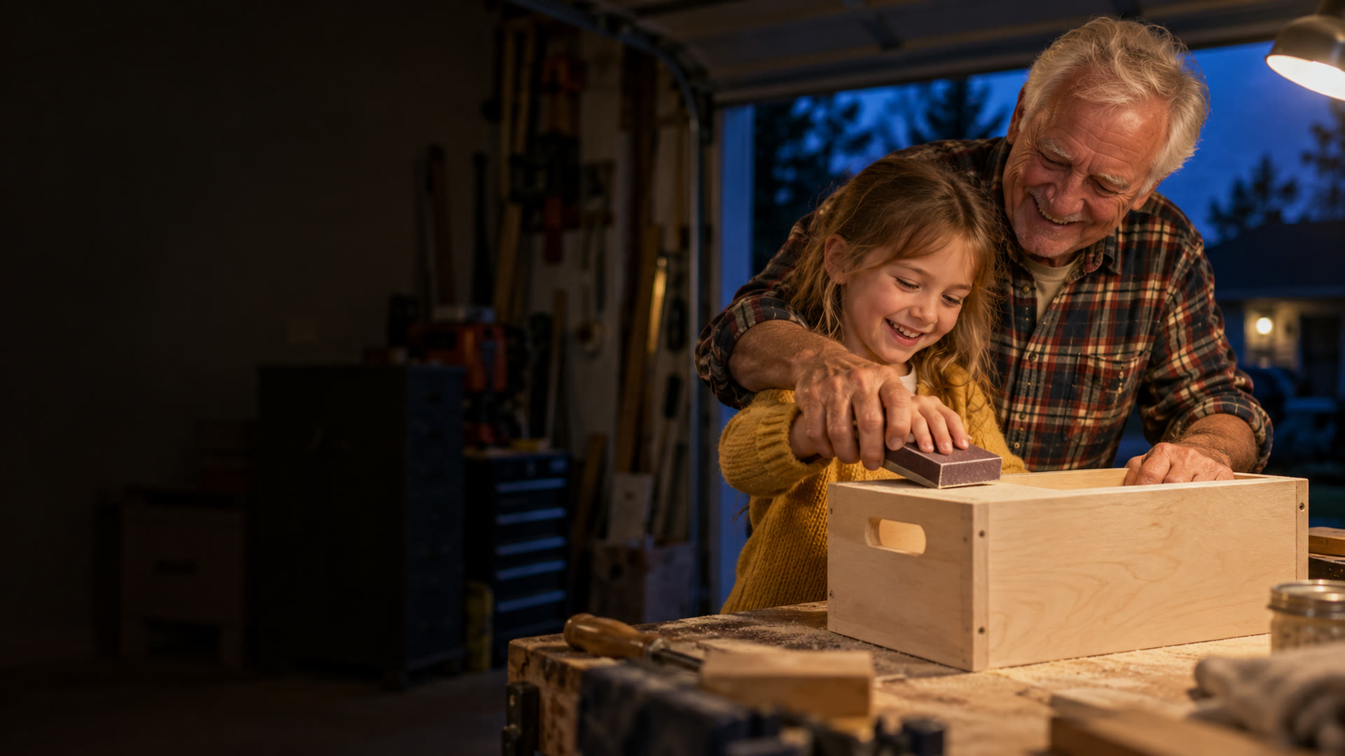Un nonno e la nipote levigano insieme la cassetta dei giochi che hanno costruito in garage